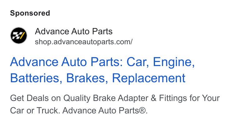 Advance Auto Parts ad on Google Ads: Advance Auto Parts: Car, Engine, Batteries, Brakes, Replacement Get Deals on Quality Brake Adapter & Fittings for Your Car or Truck. Advance Auto Parts®.