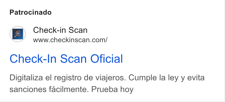 Check-in Scan ad on Google Ads: Patrocinado Check-In Scan Oficial Digitaliza el registro de viajeros. Cumple la ley y evita sanciones facilmente. Prueba hoy