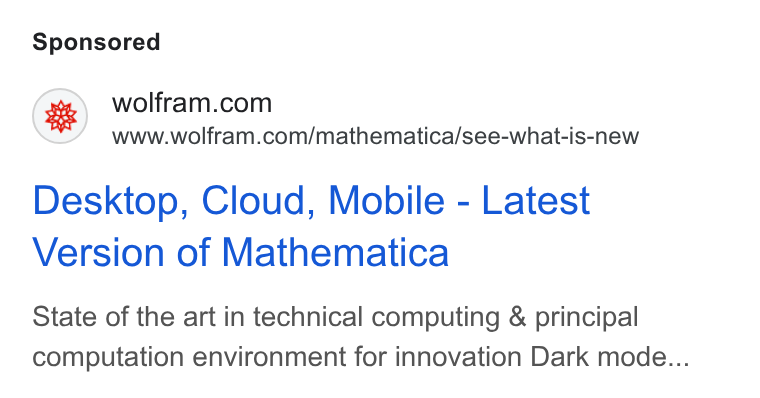 Wolfram ad on Google Ads: www.wolfram.com/mathematica/see-what-is-new Desktop, Cloud, Mobile - Latest Version of Mathematica State of the art in technical computing & principal computation environment for innovation Dark mode...