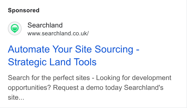 Searchland ad on Google Ads: Automate Your Site Sourcing - Strategic Land Tools Search for the perfect sites - Looking for development opportunities? Request a demo today Searchland's site...
