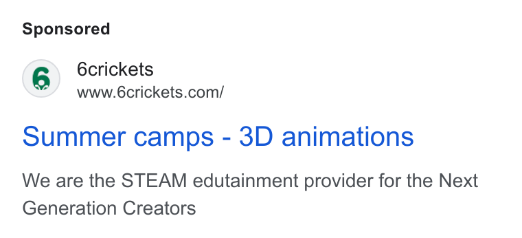 6crickets ad on Google Ads: Summer camps - 3D animations We are the STEAM edutainment provider for the Next Generation Creators