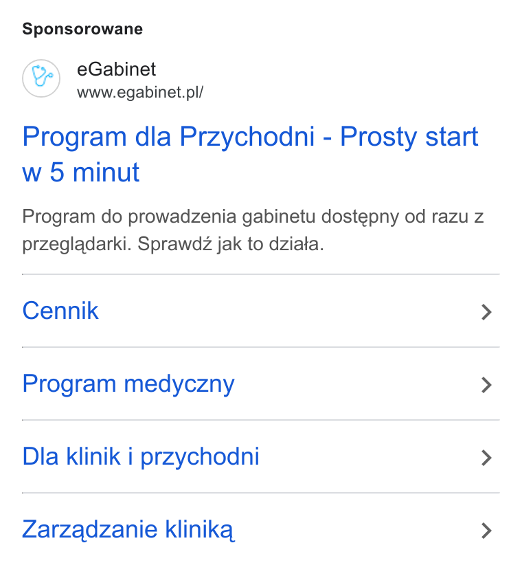 eGabinet ad on Google Ads: Sponsorowane Program dla Przychodni - Prosty start w 5 minut Program do prowadzenia gabinetu dostepny od razu z przegladarki. Sprawdz jak to dziata. Cennik > Program medyczny > Dla klinik i przychodni > Zarzadzanie klinika >