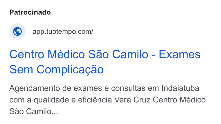 TuoTempo ad on Google Ads: Centro Medico Sao Camilo - Exames Sem Complicagao Agendamento de exames e consultas em Indaiatuba com a qualidade e eficiéncia Vera Cruz Centro Médico Sao Camilo...
