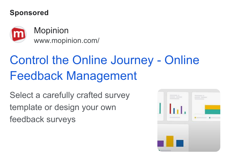 Mopinion ad on Google Ads: Control the Online Journey - Online Feedback Management Select a carefully crafted survey template or design your own feedback surveys