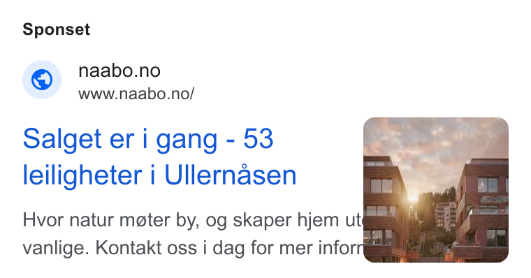 Visuado ad on Google Ads: www.naabo.no/ Salget er i gang - 53 leiligheter i Ullernasen