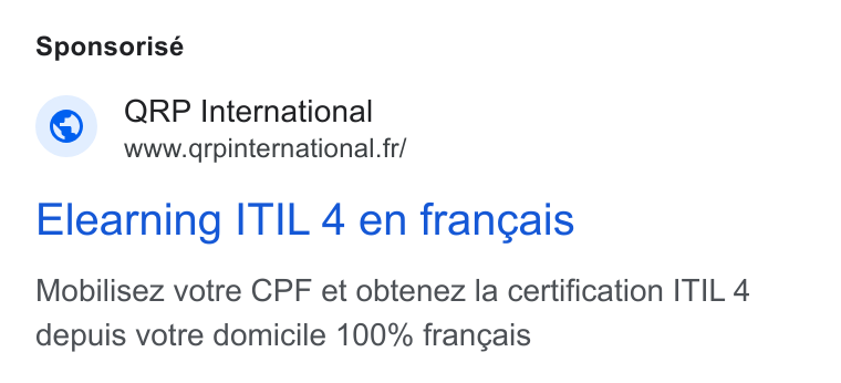 aNewSpring ad on Google Ads: Sponsorisé Elearning ITIL 4 en frangais Mobilisez votre CPF et obtenez la certification ITIL 4 depuis votre domicile 100% francais