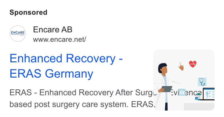 Encare ad on Google Ads: Enhanced Recovery - f : ae ERAS Germany | | ERAS - Enhanced Recovery After Surg. vince * based post surgery care system. ERAS,/ kw