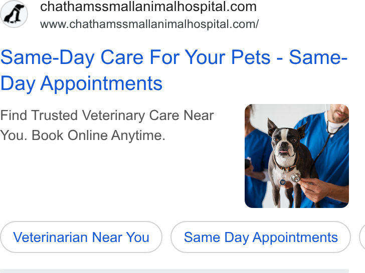 PetDesk ad on Google Ads: www.chathamssmallanimalhospital.com/ Same-Day Care For Your Pets - Same- Day Appointments Find Trusted Veterinary Care Near You. Book Online Anytime. Veterinarian Near You Same Day Appointments (