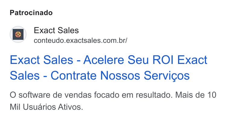 Exact Sales ad on Google Ads: Patrocinado Exact Sales - Acelere Seu ROI Exact Sales - Contrate Nossos Servicos O software de vendas focado em resultado. Mais de 10 Mil Usuarios Ativos.