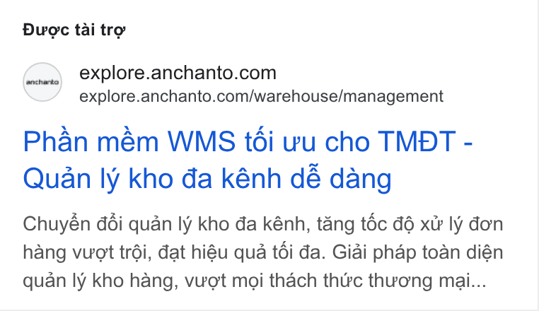 Anchanto ad on Google Ads: explore.anchanto.com/warehouse/management Phan mém WMS téi wu cho TMDT - Quan ly kho da kénh dé dang Chuyén déi quan ly kho da kénh, tang téc d6 xt? ly don hang vuot trdi, dat hiéu qua téi da. Giai phap toan dién quan ly kho hang, vuot moi thach tht?c thuovng mai...