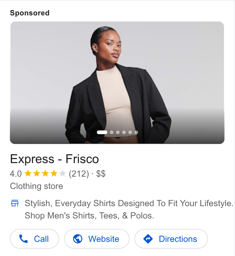 Express ad on Google Ads: Express - Frisco Clothing store fi Stylish, Everyday Shirts Designed To Fit Your Lifestyle. Shop Men's Shirts, Tees, & Polos. Call )( @ Website )( @ Directions }