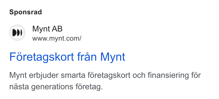 Mynt ad on Google Ads: Sponsrad Foretagskort fran Mynt Mynt erbjuder smarta foretagskort och finansiering for nasta generations foretag.