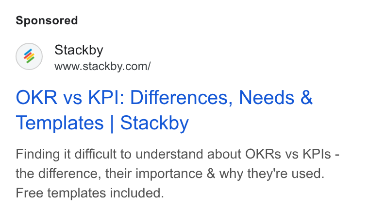 Stackby ad on Google Ads: OKR vs KPI: Differences, Needs & Templates | Stackby Finding it difficult to understand about OKRs vs KPIs - the difference, their importance & why they're used. Free templates included.