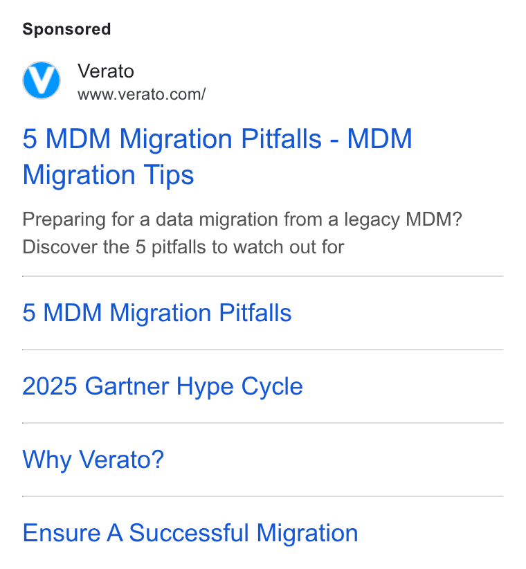 Verato ad on Google Ads: 5 MDM Migration Pitfalls - MDM Migration Tips Preparing for a data migration from a legacy MDM? Discover the 5 pitfalls to watch out for 5 MDM Migration Pitfalls 2025 Gartner Hype Cycle Why Verato? Ensure A Successful Migration