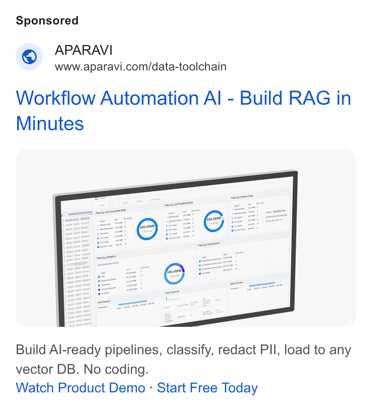 APARAVI ad on Google Ads: Workflow Automation Al - Build RAG in Minutes Build Al-ready pipelines, classify, redact PII, load to any vector DB. No coding. Watch Product Demo : Start Free Today