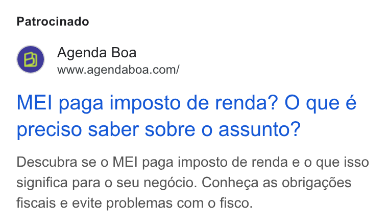 Agenda Boa ad on Google Ads: Patrocinado MEI paga imposto de renda? O que é preciso saber sobre o assunto? Descubra se o MEI paga imposto de renda e 0 que isso significa para o seu negdcio. Conhega as obrigagées fiscais e evite problemas com o fisco.