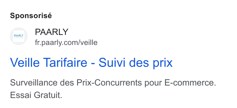 PAARLY ad on Google Ads: Veille Tarifaire - Suivi des prix Surveillance des Prix-Concurrents pour E-commerce. Essai Gratuit.