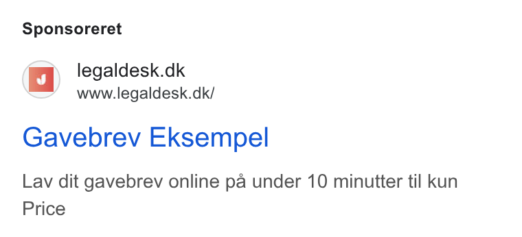 Legaldesk.dk ad on Google Ads: www.legaldesk.dk/ Gavebrev Eksempel Lav dit gavebrev online pa under 10 minutter til kun Price