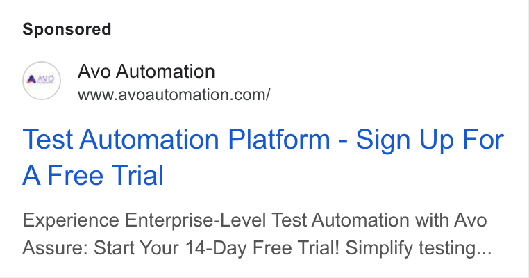 Avo Automation ad on Google Ads: Test Automation Platform - Sign Up For A Free Trial Experience Enterprise-Level Test Automation with Avo Assure: Start Your 14-Day Free Trial! Simplify testing...