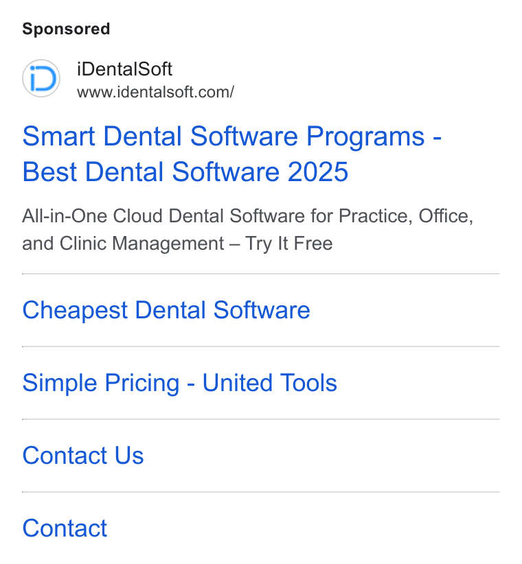 iDentalSoft ad on Google Ads: Smart Dental Software Programs - Best Dental Software 2025 All-in-One Cloud Dental Software for Practice, Office, and Clinic Management — Try It Free Cheapest Dental Software Simple Pricing - United Tools Contact Us Contact