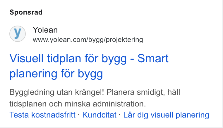 Yolean ad on Google Ads: Sponsrad Visuell tidplan for bygg - Smart planering for bygg Byggledning utan krangel! Planera smidigt, hall tidsplanen och minska administration. Testa kostnadsfritt - Kundcitat - Lar dig visuell planering