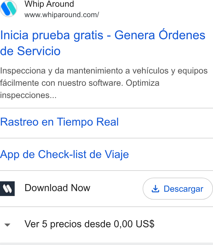 Whip Around ad on Google Ads: Inicia prueba gratis - Genera Ordenes de Servicio Inspecciona y da mantenimiento a vehiculos y equipos facilmente con nuestro software. Optimiza inspecciones... Rastreo en Tiempo Real App de Check-list de Viaje Download Now Ver 5 precios desde 0,00 US$