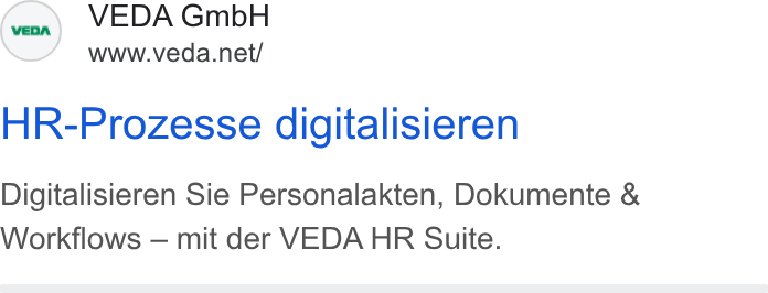 VEDA ad on Google Ads: HR-Prozesse digitalisieren Digitalisieren Sie Personalakten, Dokumente & Workflows — mit der VEDA HR Suite.