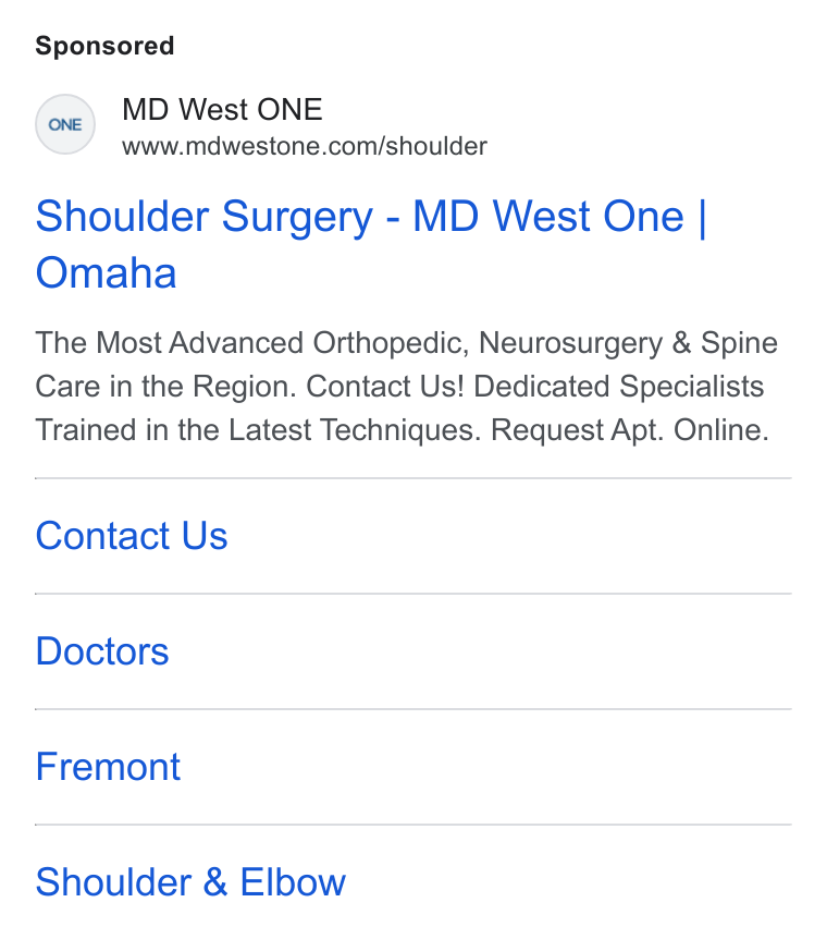 Luma Health ad on Google Ads: Shoulder Surgery - MD West One | Omaha The Most Advanced Orthopedic, Neurosurgery & Spine Care in the Region. Contact Us! Dedicated Specialists Trained in the Latest Techniques. Request Apt. Online. Contact Us Doctors Fremont Shoulder & Elbow