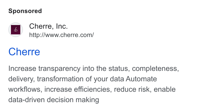 Cherre ad on Google Ads: Cherre Increase transparency into the status, completeness, delivery, transformation of your data Automate workflows, increase efficiencies, reduce risk, enable data-driven decision making