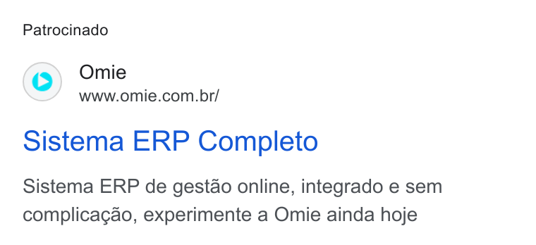 Omie ad on Google Ads: Patrocinado Sistema ERP Completo Sistema ERP de gestao online, integrado e sem complicacao, experimente a Omie ainda hoje