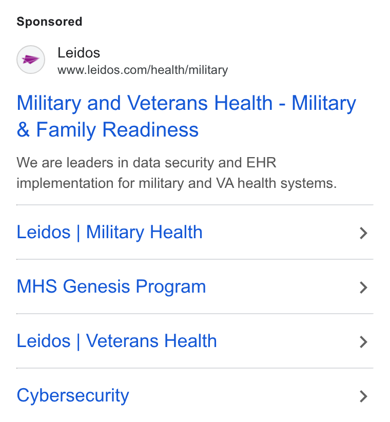 Leidos ad on Google Ads: Military and Veterans Health - Military Family Readiness We are leaders in data security and EHR implementation for military and VA health systems. Leidos | Military Health MHS Genesis Program Leidos | Veterans Health Cybersecurity