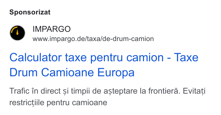 IMPARGO ad on Google Ads: Sponsorizat Calculator taxe pentru camion - Taxe Drum Camioane Europa Trafic in direct si timpii de asteptare la frontiera. Evitati restrictiile pentru camioane