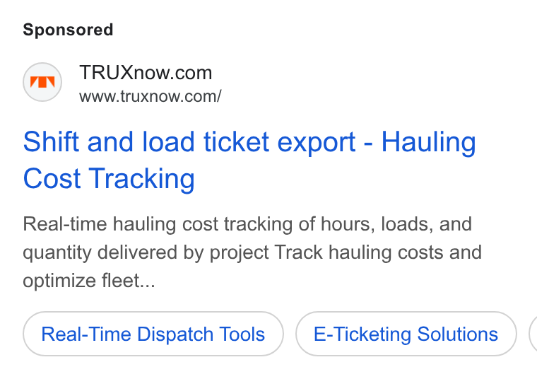 Trux ad on Google Ads: www.truxnow.com/ Shift and load ticket export - Hauling Cost Tracking Real-time hauling cost tracking of hours, loads, and quantity delivered by project Track hauling costs and optimize fleet... Real-Time Dispatch Tools E-Ticketing Solutions (