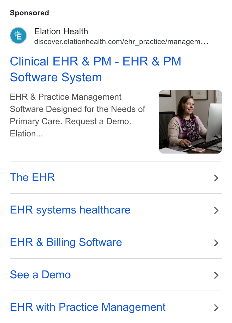 Elation Health ad on Google Ads: Clinical EHR & PM - EHR & PM Software System EHR & Practice Management Software Designed for the Needs of Primary Care. Request a Demo. Elation... The EHR > EHR systems healthcare > EHR & Billing Software > See a Demo > EHR with Practice Management >