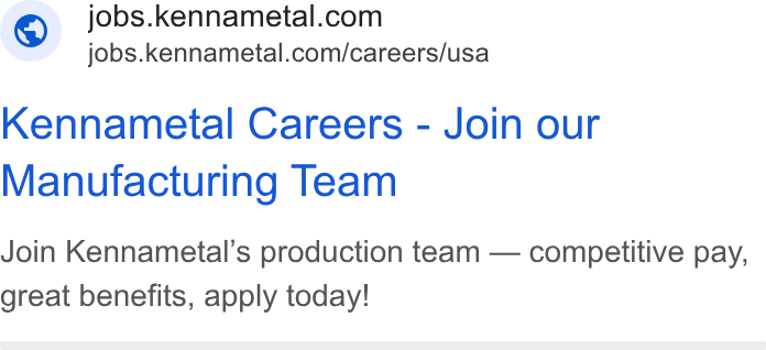 Kennametal ad on Google Ads: _ jobs.kennametal.com/careers/usa Kennametal Careers - Join our Manufacturing Team Join Kennametal’s production team — competitive pay, great benefits, apply today!