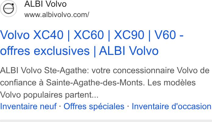 Xtime ad on Google Ads: Volvo XC40 | XC60 | XC90 | VEO - offres exclusives | ALBI Volvo ALBI Volvo Ste-Agathe: votre concessionnaire Volvo de confiance a Sainte-Agathe-des-Monts. Les modeéles Volvo populaires partent... Inventaire neuf - Offres spéciales - Inventaire d'occasion