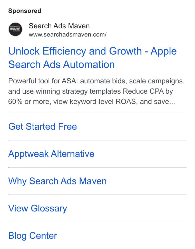 Kochava ad on Google Ads: Unlock Efficiency and Growth - Apple Search Ads Automation Powerful tool for ASA: automate bids, scale campaigns, and use winning strategy templates Reduce CPA by 60% or more, view keyword-level ROAS, and save... Get Started Free Apptweak Alternative Why Search Ads Maven View Glossary Blog Center