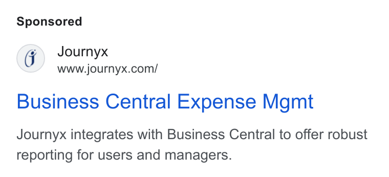 Journyx ad on Google Ads: Business Central Expense Mgmt Journyx integrates with Business Central to offer robust reporting for users and managers.