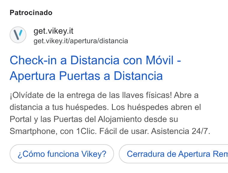 Vikey ad on Google Ads: get.vikey.it/apertura/distancia Check-in a Distancia con Movil - Apertura Puertas a Distancia j Olvidate de la entrega de las llaves fisicas! Abre a distancia a tus huéspedes. Los huéspedes abren el Portal y las Puertas del Alojamiento desde su Smartphone, con 1Clic. Facil de usar. Asistencia 24/7. Como funciona Vikey? }) ( Cerradura de Apertura Ren