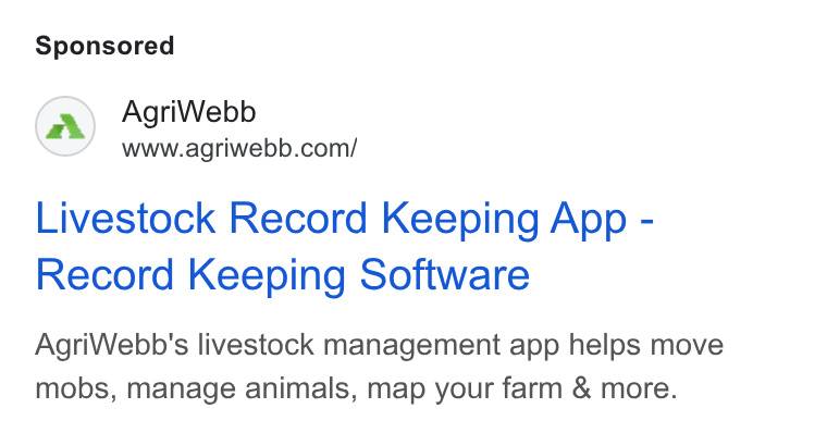 AgriWebb ad on Google Ads: Livestock Record Keeping App - Record Keeping Software Agri Webb's livestock management app helps move mobs, manage animals, map your farm & more.