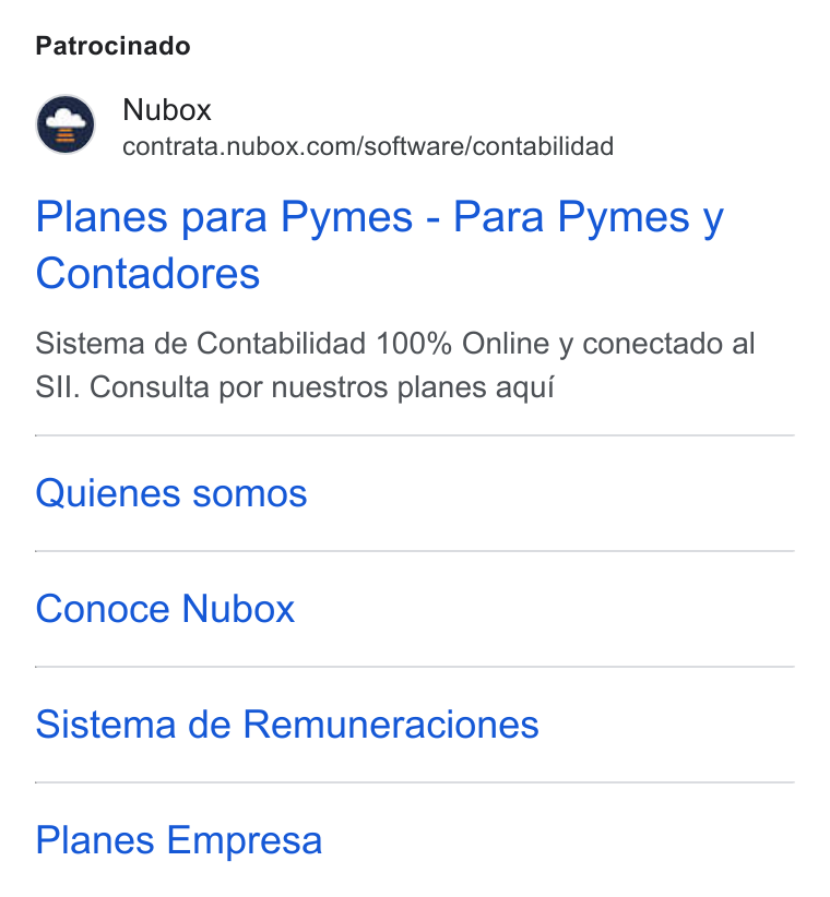 Nubox ad on Google Ads: Patrocinado Planes para Pymes - Para Pymes y Contadores Sistema de Contabilidad 100% Online y conectado al SII. Consulta por nuestros planes aqui Quienes somos Conoce Nubox Sistema de Remuneraciones Planes Empresa