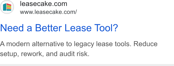 Leasecake ad on Google Ads: www.leasecake.com/ Need a Better Lease Tool? A modern alternative to legacy lease tools. Reduce setup, rework, and audit risk.