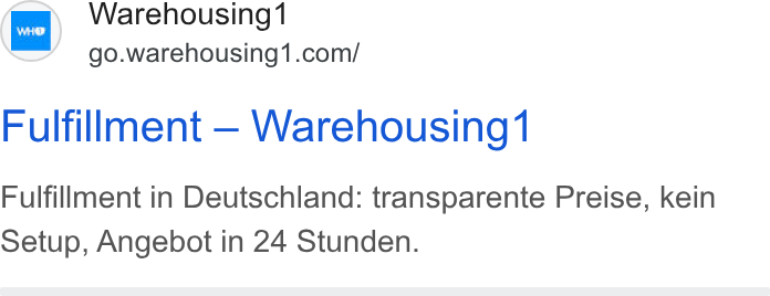 Warehousing1 ad on Google Ads: Fulfillment — Warehousing‘ Fulfillment in Deutschland: transparente Preise, kein Setup, Angebot in 24 Stunden.