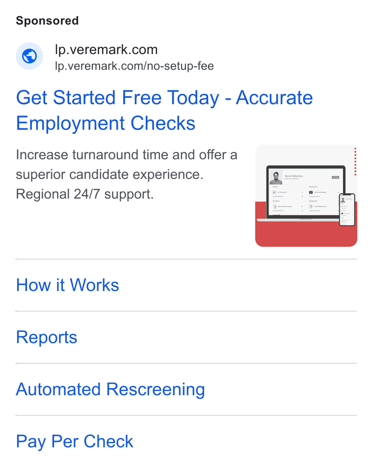Veremark ad on Google Ads: Ip.veremark.com/no-setup-fee Get Started Free Today - Accurate Employment Checks Increase turnaround time and offer a superior candidate experience. Regional 24/7 support. How it Works Reports Automated Rescreening Pay Per Check