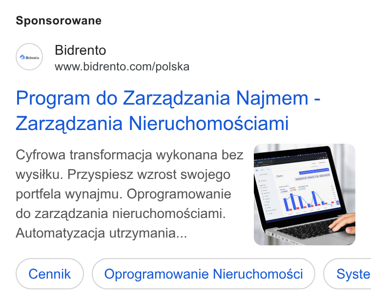 Bidrento ad on Google Ads: Sponsorowane Program do Zarzadzania Najmem - Zarzadzania Nieruchomosciami Cyfrowa transformacja wykonana bez 5 wysilku. Przyspiesz wzrost swojego portfela wynajmu. Oprogramowanie do zarzadzania nieruchomosciami. Automatyzacja utrzymania... Oprogramowanie Nieruchomosci } ( Syste
