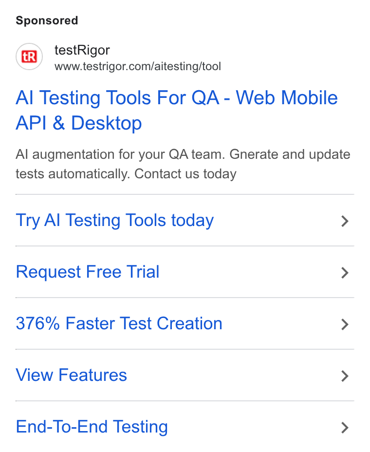 testRigor ad on Google Ads: Al Testing Tools For QA - Web Mobile API & Desktop Al augmentation for your QA team. Gnerate and update tests automatically. Contact us today Try Al Testing Tools today > Request Free Trial > 376% Faster Test Creation > View Features > End-To-End Testing >