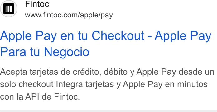 Fintoc ad on Google Ads: Apple Pay en tu Checkout - Apple Pay Para tu Negocio Acepta tarjetas de crédito, débito y Apple Pay desde un solo checkout Integra tarjetas y Apple Pay en minutos con la API de Fintoc.