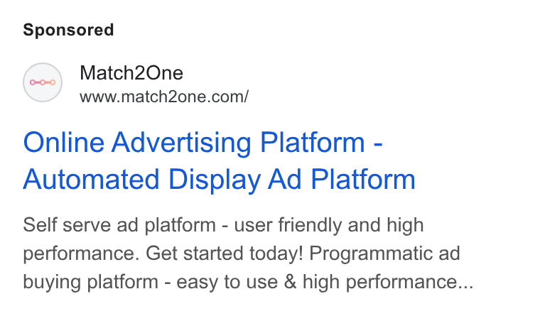 Match2one ad on Google Ads: Online Advertising Platform - Automated Display Ad Platform Self serve ad platform - user friendly and high performance. Get started today! Programmatic ad buying platform - easy to use & high performance...