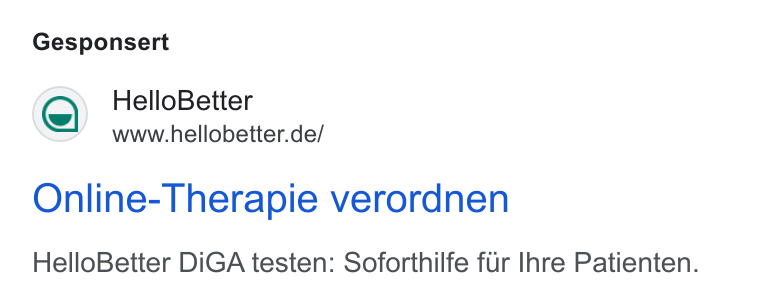 HelloBetter ad on Google Ads: Gesponsert Online-Therapie verordnen Hello Better Di GA testen: Soforthilfe fur Ihre Patienten.