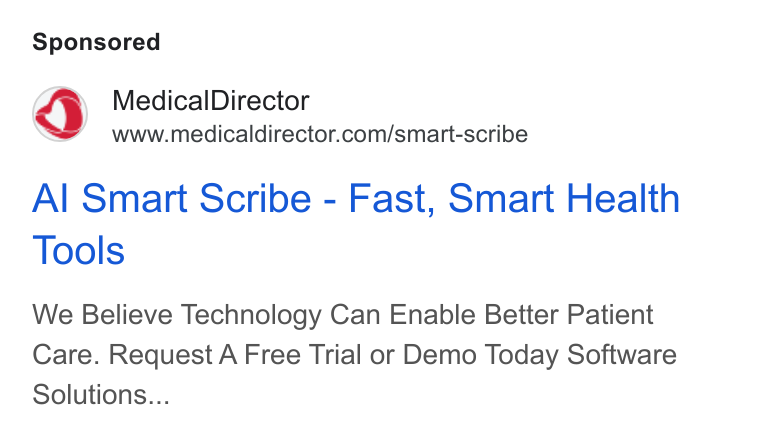 MedicalDirector ad on Google Ads: Al Smart Scribe - Fast, Smart Health Tools We Believe Technology Can Enable Better Patient Care. Request A Free Trial or Demo Today Software Solutions...